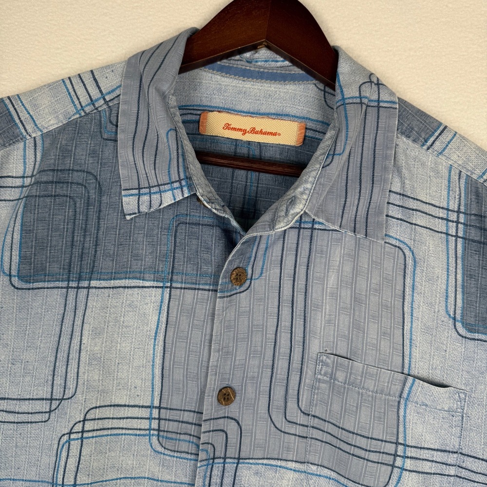 Tommy Bahama Mens L Blue 70s Geometric Square Print 100% Silk Short Sleeve Shirt